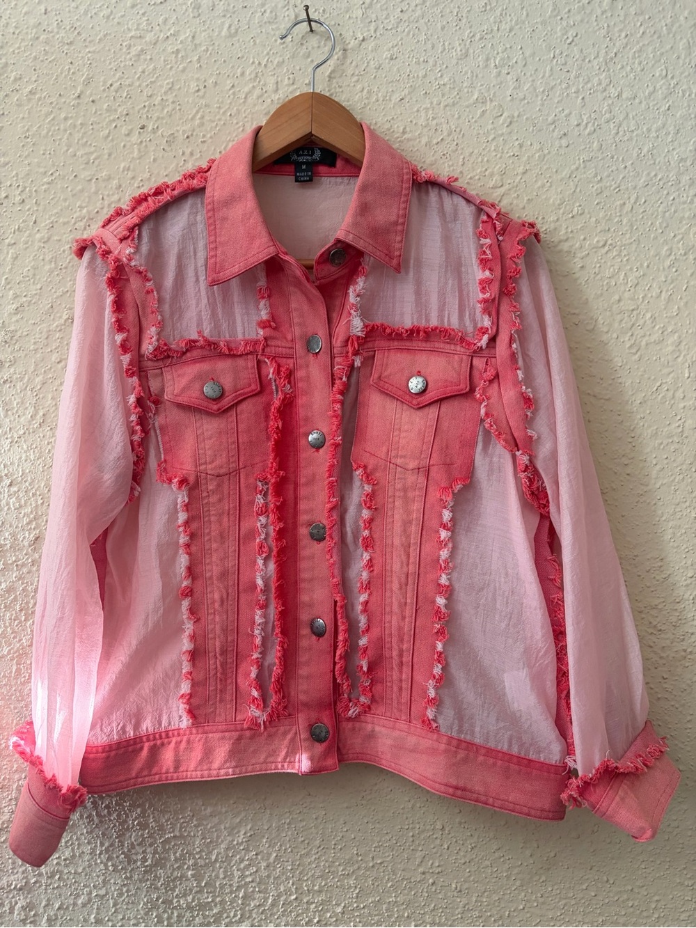 Pink Fringe-Trim Mixed Fabric Jean Jacket by UNKNOWN